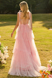 Champagne Corset A Line Ruffled Beaded Long Prom Dress with Lace Up Back