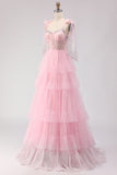 Apricot A Line Beaded Corset Ruffled Long Prom Dress with Lace Up Back
