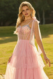 Champagne Corset A Line Ruffled Beaded Long Prom Dress with Lace Up Back