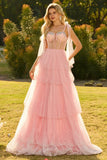 Champagne Corset A Line Ruffled Beaded Long Prom Dress with Lace Up Back