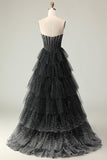 Black White A Line Corset Sweetheart Tiered Polka Dots Long Prom Dress with Ruffles