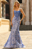Mermaid Grey Blue Corset Appliqued Sequin Long Prom Dress with Bow