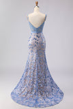 Mermaid Grey Blue Corset Appliqued Sequin Long Prom Dress with Bow