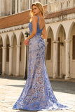 Mermaid Grey Blue Corset Appliqued Sequin Long Prom Dress with Bow