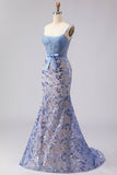 Mermaid Grey Blue Corset Appliqued Sequin Long Prom Dress with Bow