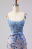 Mermaid Grey Blue Corset Appliqued Sequin Long Prom Dress with Bow