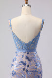 Mermaid Grey Blue Corset Appliqued Sequin Long Prom Dress with Bow