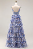 Grey Blue A-Line Tiered Sequin Beaded Long Prom Dress with Slit