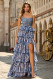 Grey Blue A-Line Tiered Sequin Beaded Long Prom Dress with Slit