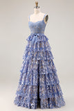 Grey Blue A-Line Tiered Sequin Beaded Long Prom Dress with Slit