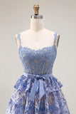 Grey Blue A-Line Tiered Sequin Beaded Long Prom Dress with Slit