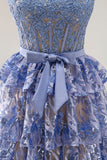 Grey Blue A-Line Tiered Sequin Beaded Long Prom Dress with Slit