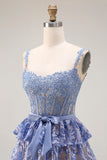Grey Blue A-Line Tiered Sequin Beaded Long Prom Dress with Slit