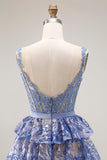 Grey Blue A-Line Tiered Sequin Beaded Long Prom Dress with Slit