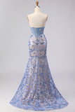 Grey Blue Strapless Mermaid Corset Long Prom Dress with Sequins