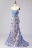 Grey Blue Strapless Mermaid Corset Long Prom Dress with Sequins
