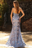 Strapless Mermaid Corset Grey Blue Embroidered Long Prom Dress with Sequins