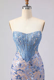 Grey Blue Strapless Mermaid Corset Long Prom Dress with Sequins
