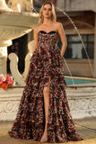 Brown Leopard A Line Sweetheart Tiered Long Prom Dress with Ruffles