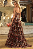 Brown Leopard A Line Sweetheart Tiered Long Prom Dress with Ruffles