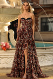 Brown Leopard Sweetheart A Line Tiered Long Prom Dress with Ruffles