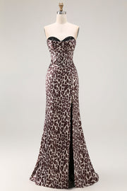 Coffee Leopard Mermaid Strapless Corset Long Prom Dress with Slit