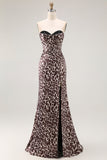 Coffee Leopard Mermaid Strapless Corset Long Prom Dress with Slit
