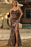 Coffee Leopard Mermaid Strapless Corset Long Prom Dress with Slit