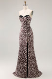 Coffee Leopard Mermaid Strapless Corset Long Prom Dress with Slit