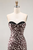 Coffee Leopard Mermaid Strapless Corset Long Prom Dress with Slit
