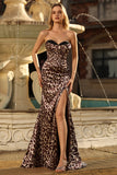 Coffee Leopard Mermaid Strapless Corset Long Prom Dress with Slit