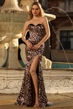 Coffee Leopard Mermaid Strapless Corset Long Prom Dress with Slit