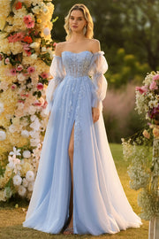 Blue A Line Strapless Convertible Corset Sequins Long Prom Dress with Removable Sleeves