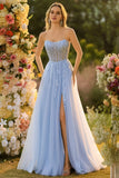 Blue A Line Strapless Convertible Corset Sequins Long Prom Dress with Removable Sleeves