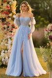 Blue A Line Strapless Convertible Corset Sequins Long Prom Dress with Removable Sleeves