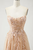 Champagne Strapless A Line Convertible Appliqued Long Prom Dress with Removable Sleeves