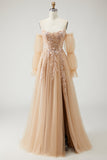 Champagne Strapless A Line Convertible Appliqued Long Prom Dress with Removable Sleeves