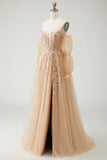 Champagne Strapless A Line Convertible Appliqued Long Prom Dress with Removable Sleeves