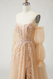 Champagne Strapless A Line Convertible Appliqued Long Prom Dress with Removable Sleeves