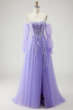 A Line Strapless Convertible Removable Sleeves Appliqued Long Purple Prom Dress with Slit