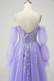 A Line Strapless Convertible Removable Sleeves Appliqued Long Purple Prom Dress with Slit