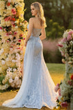 Blue Mermaid Sweetheart Corset Beaded Sequin Long Prom Dress with Slit