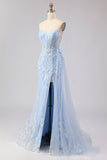 Blue Mermaid Sweetheart Corset Beaded Sequin Long Prom Dress with Slit