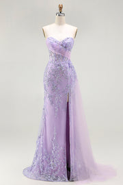 Purple Sweetheart Beaded Mermaid Corset Sequin Long Prom Dress with Slit