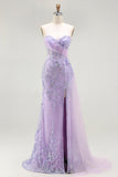 Blue Mermaid Sweetheart Corset Beaded Sequin Long Prom Dress with Slit