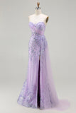 Blue Mermaid Sweetheart Corset Beaded Sequin Long Prom Dress with Slit