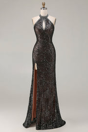 Sparkly Black Halter Mermaid Beaded Sequins Keyhole Long Prom Dress with Slit