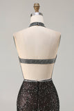 Sparkly Black Halter Mermaid Beaded Sequins Keyhole Long Prom Dress with Slit
