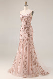 Sparkly Rose Golden Mermaid Lace Up Back Long Prom Dress with Sequins