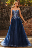 Navy Strapless Sheer Corset A Line Long Tulle Prom Dress with Sequins